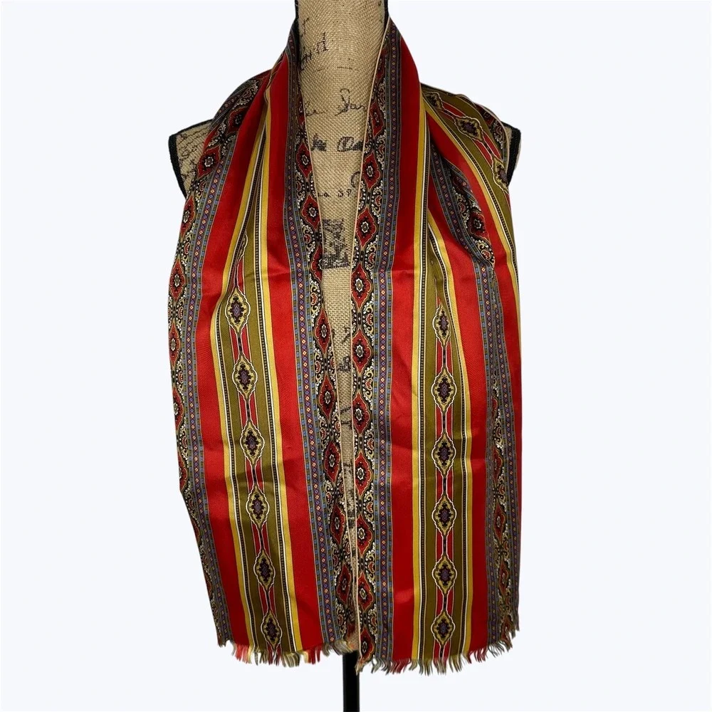 Red‎ Gold Fringed Rectangular Scarf Medallion Striped Silky Wrap 14x60